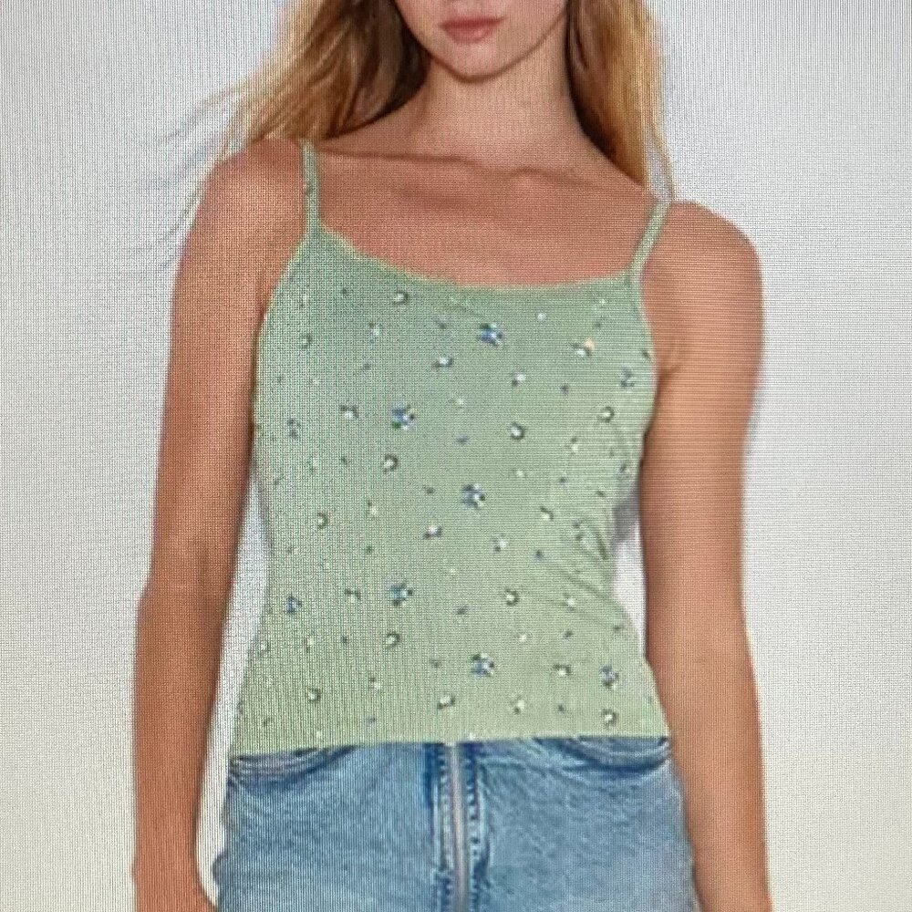 Wild Fable Green Ribbed Floral Cami Tank Top Women Size L